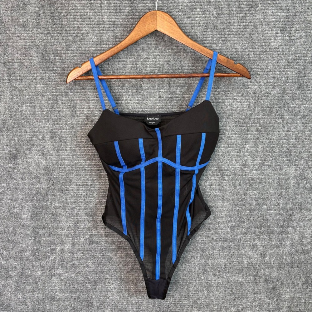 Y2K Bebe Womens Black Cobalt Blue Mesh Corset Bodice Bodysuit Size Medium